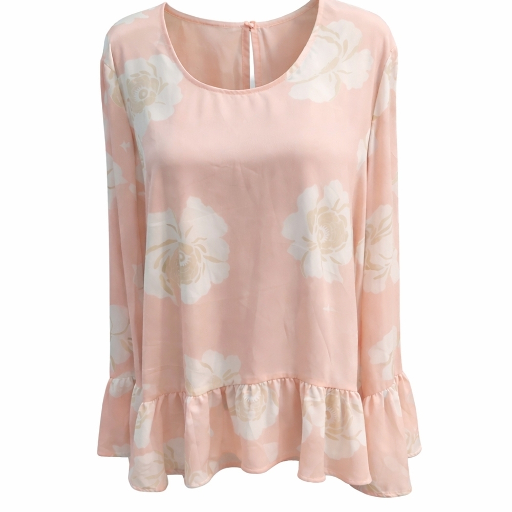 NWT a.n.a (A New Approach) Baby Pink floral Ruffle Blouse Size Large Romantic